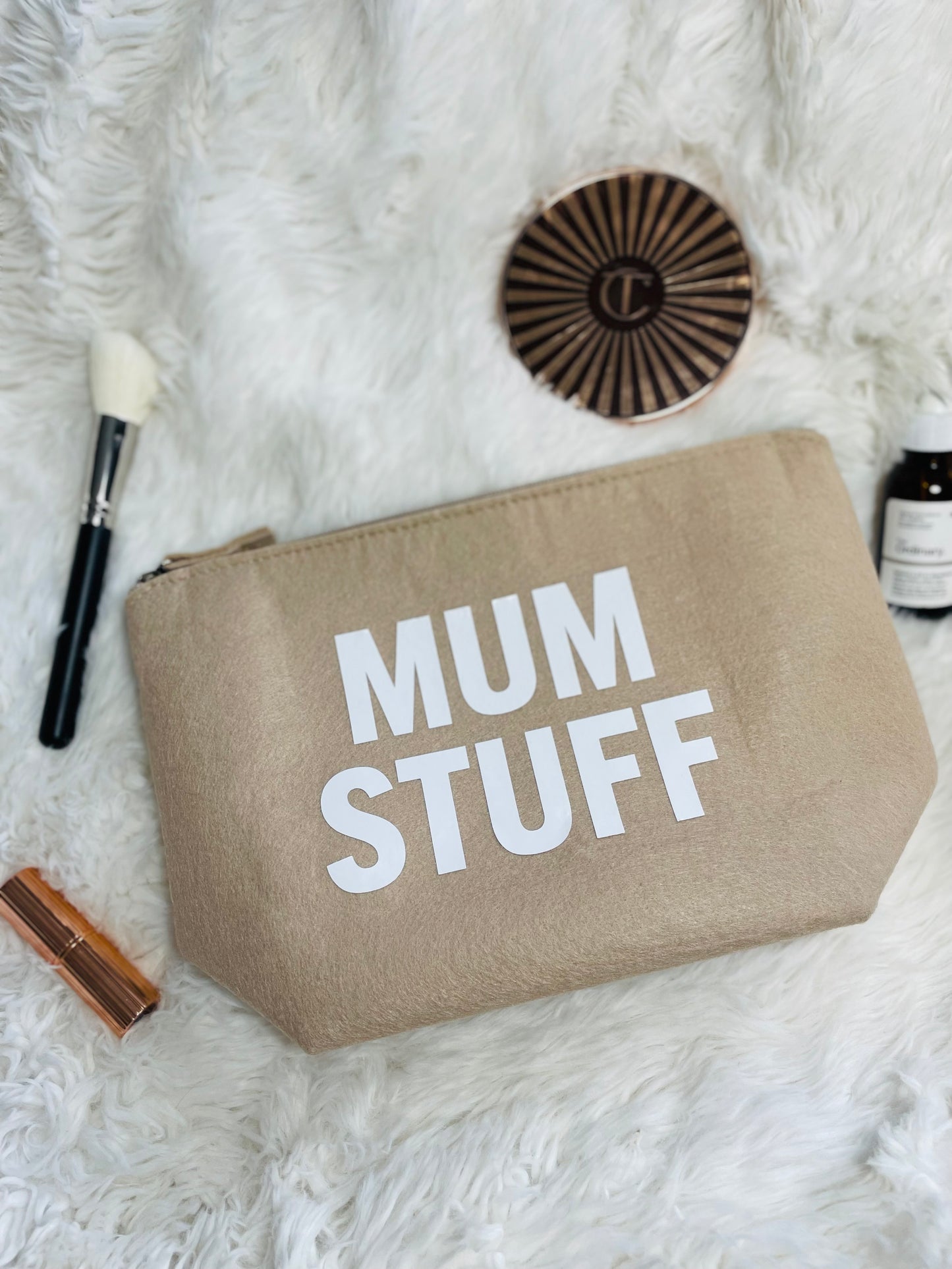 MUM STUFF Large Felt Cosmetics Bag -Beige/White