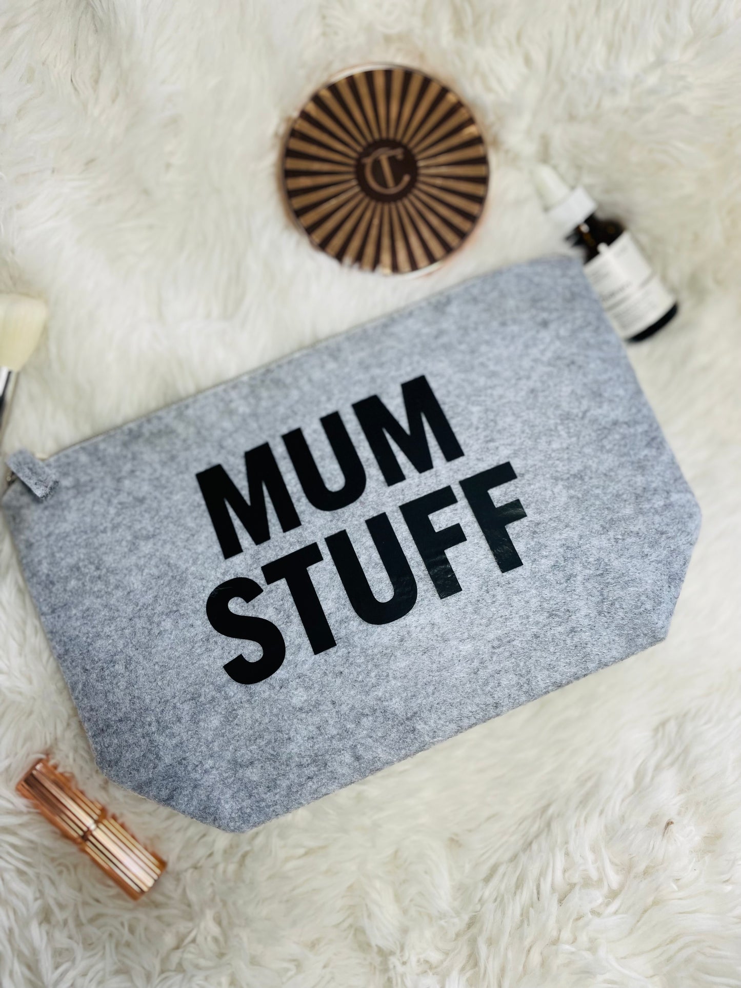 MUM STUFF Large Felt Cosmetics Bag - Grey/Black